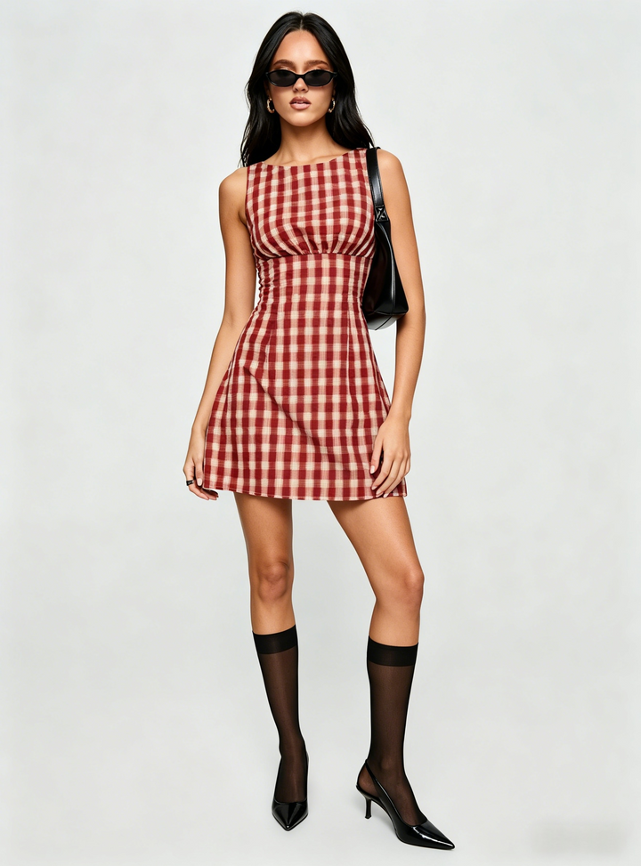Retro Gingham Sleeveless A-Line Mini Dress | Red &amp;amp; Beige Crinkle Plaid Babydoll