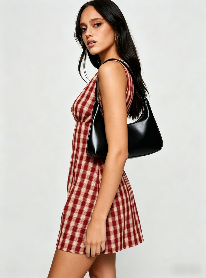 Retro Gingham Sleeveless A-Line Mini Dress | Red &amp;amp; Beige Crinkle Plaid Babydoll