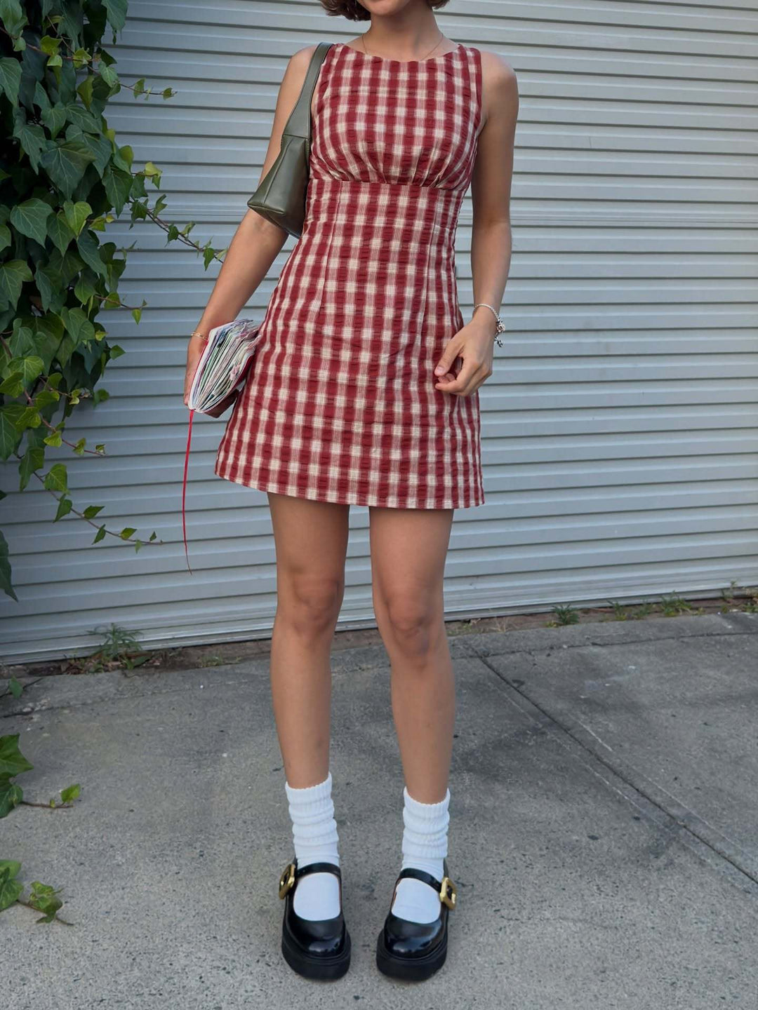 Retro Gingham Sleeveless A-Line Mini Dress | Red &amp;amp; Beige Crinkle Plaid Babydoll