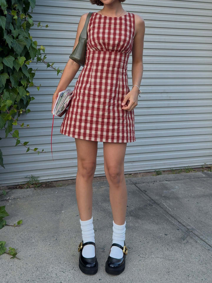 Retro Gingham Sleeveless A-Line Mini Dress | Red &amp;amp; Beige Crinkle Plaid Babydoll