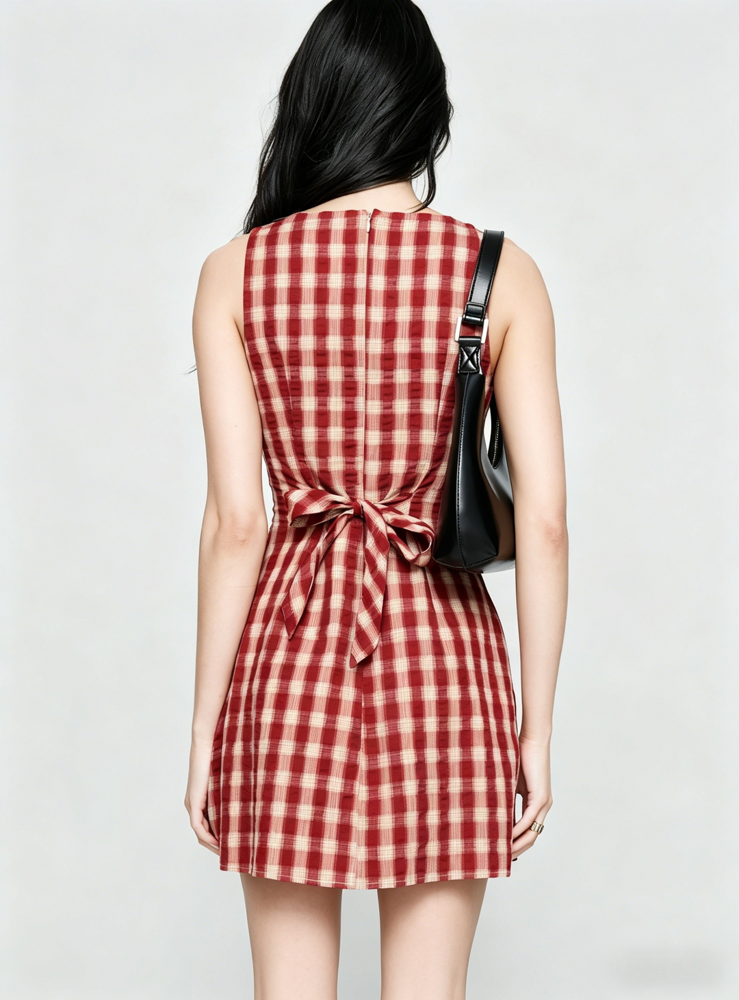 Retro Gingham Sleeveless A-Line Mini Dress | Red &amp;amp; Beige Crinkle Plaid Babydoll
