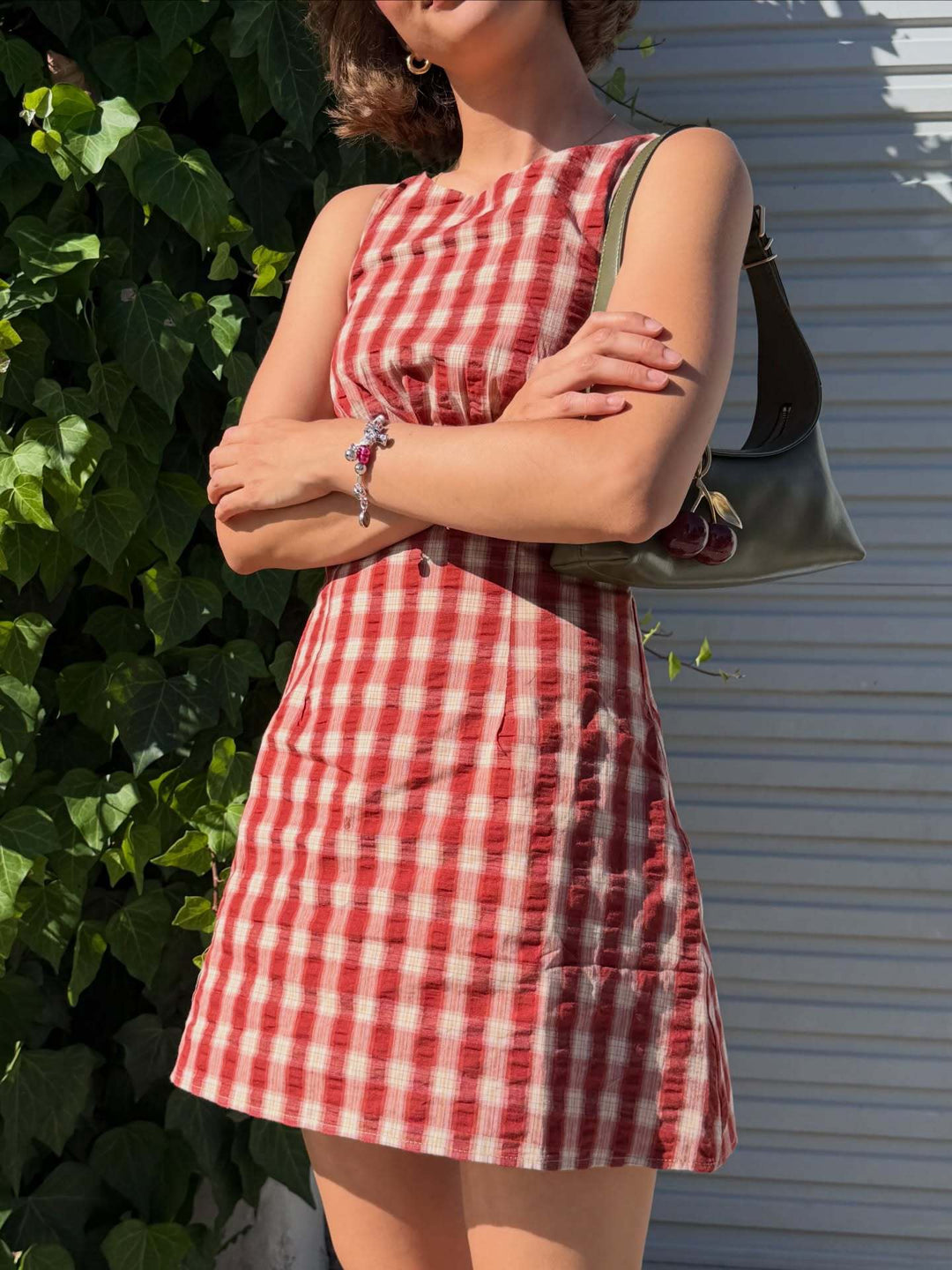 Retro Gingham Sleeveless A-Line Mini Dress | Red &amp;amp; Beige Crinkle Plaid Babydoll