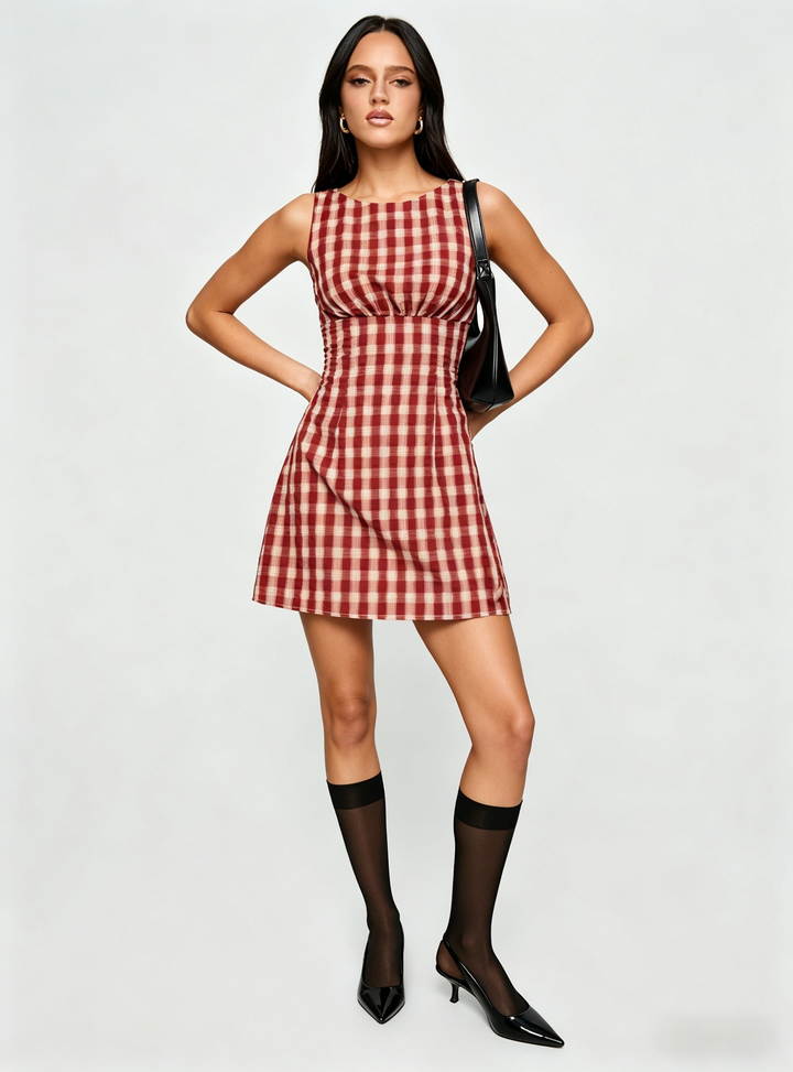 Retro Gingham Sleeveless A-Line Mini Dress | Red &amp;amp; Beige Crinkle Plaid Babydoll