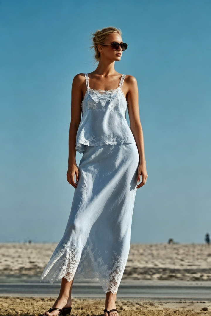 French Lace Trim Cami + Midi Skirt Two-Piece Set | Baby Blue Crinkle Chiffon Romantic Set