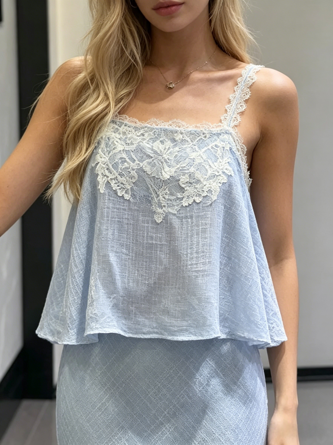 French Lace Trim Cami + Midi Skirt Two-Piece Set | Baby Blue Crinkle Chiffon Romantic Set