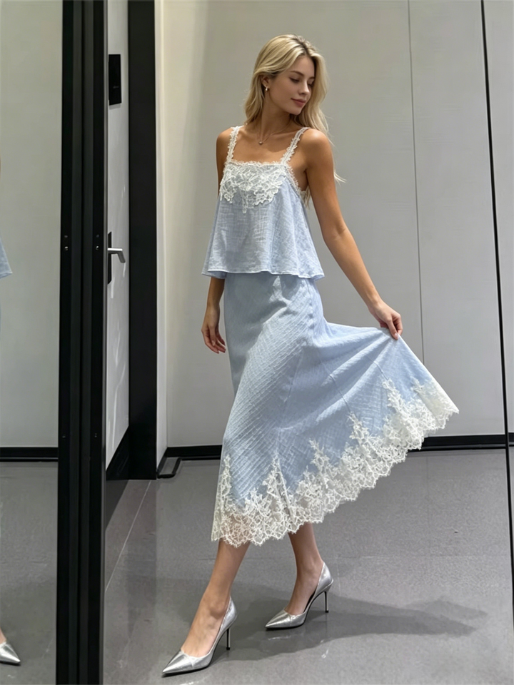 French Lace Trim Cami + Midi Skirt Two-Piece Set | Baby Blue Crinkle Chiffon Romantic Set