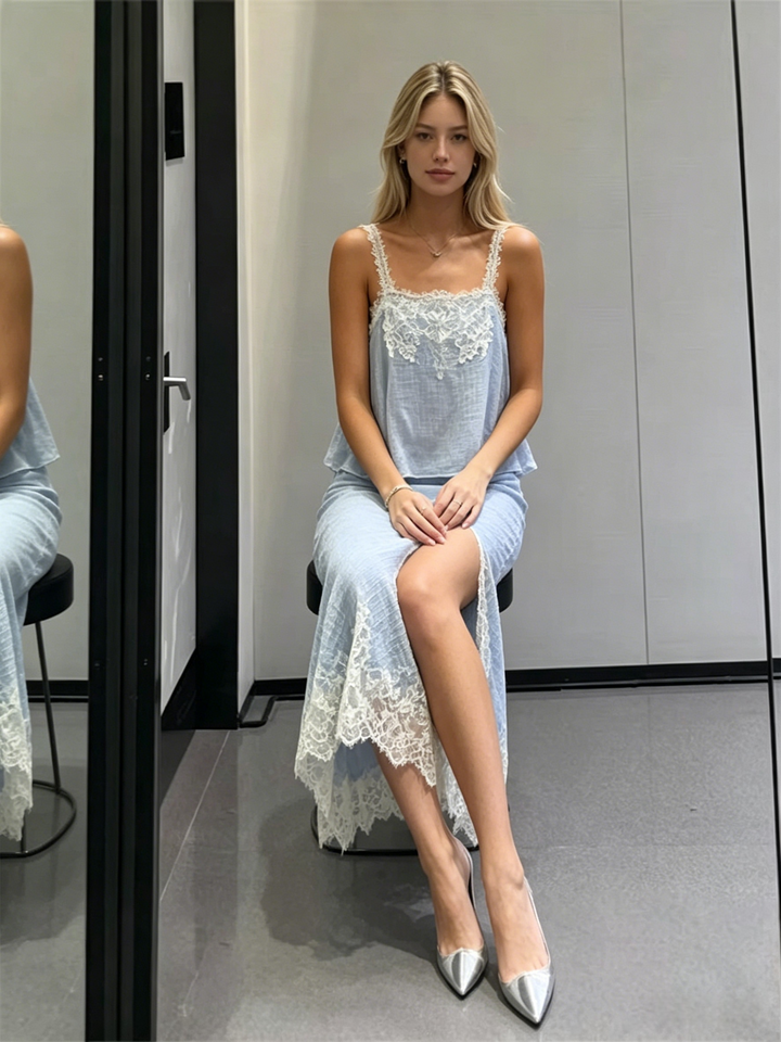French Lace Trim Cami + Midi Skirt Two-Piece Set | Baby Blue Crinkle Chiffon Romantic Set