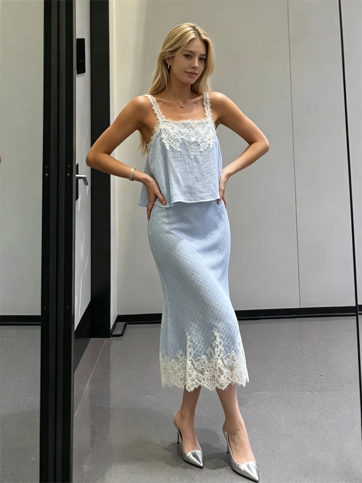 French Lace Trim Cami + Midi Skirt Two-Piece Set | Baby Blue Crinkle Chiffon Romantic Set