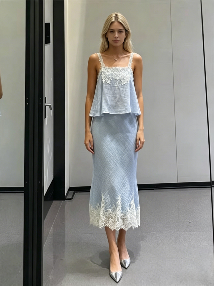 French Lace Trim Cami + Midi Skirt Two-Piece Set | Baby Blue Crinkle Chiffon Romantic Set