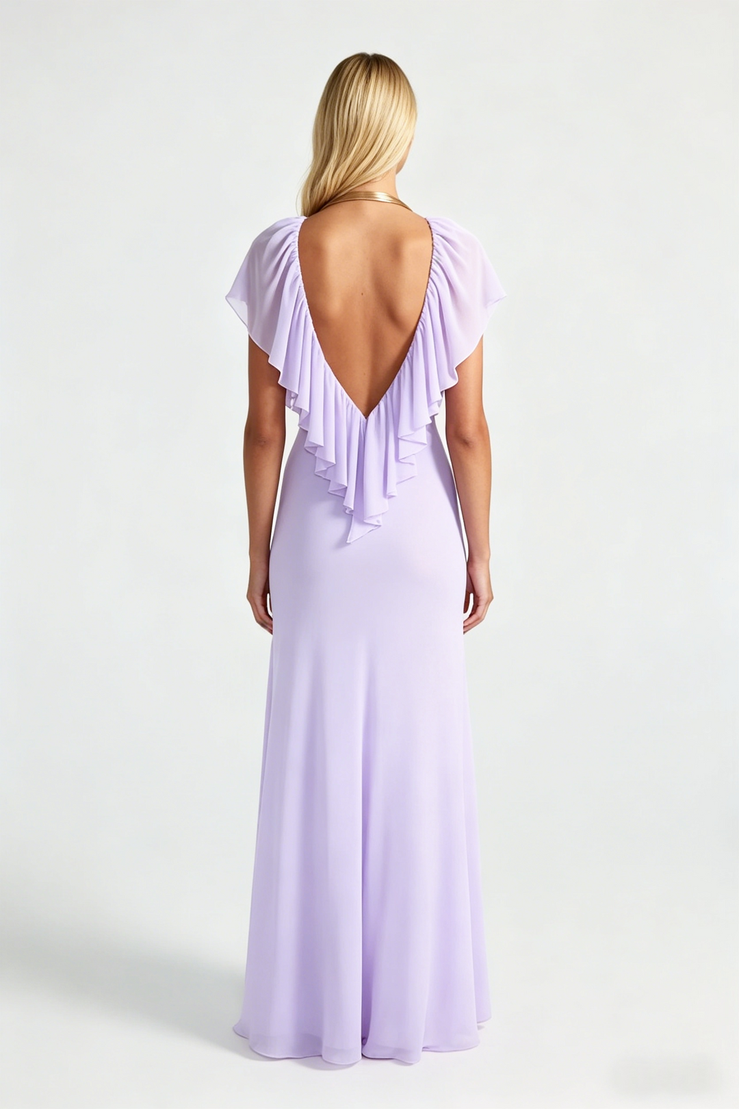 Deep V Backless Ruffle Chiffon Maxi Evening Gown | Lavender Halter Wedding Guest Dress