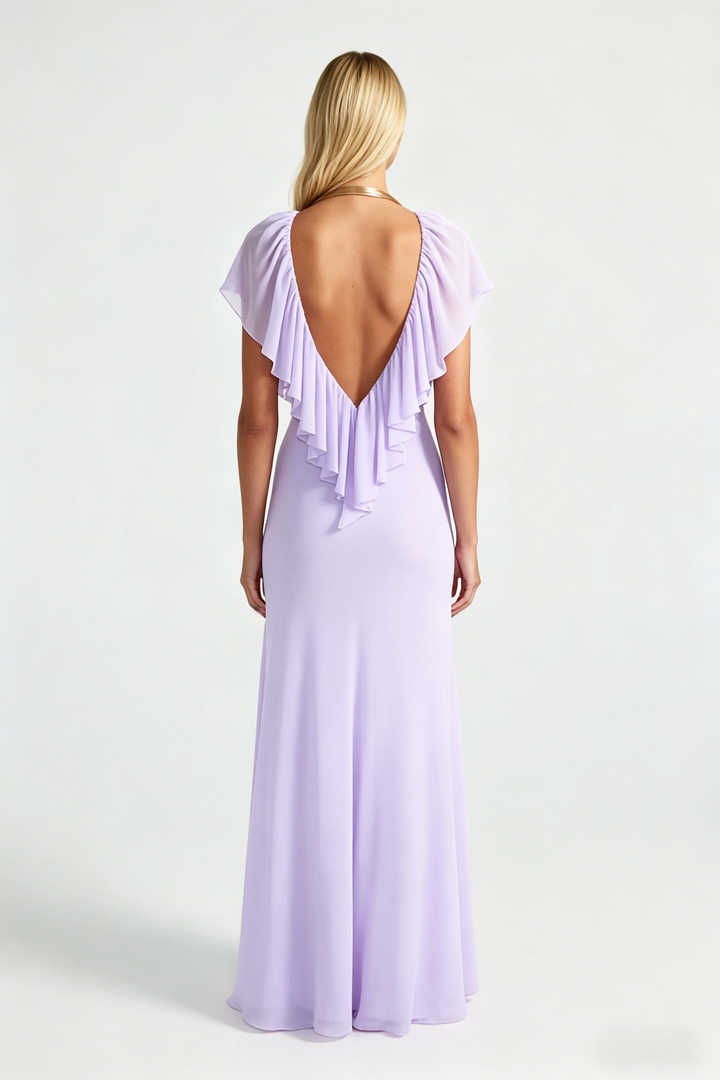 Deep V Backless Ruffle Chiffon Maxi Evening Gown | Lavender Halter Wedding Guest Dress