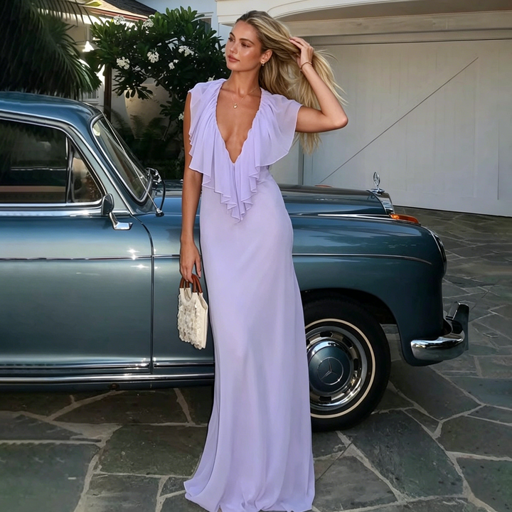Deep V Backless Ruffle Chiffon Maxi Evening Gown | Lavender Halter Wedding Guest Dress