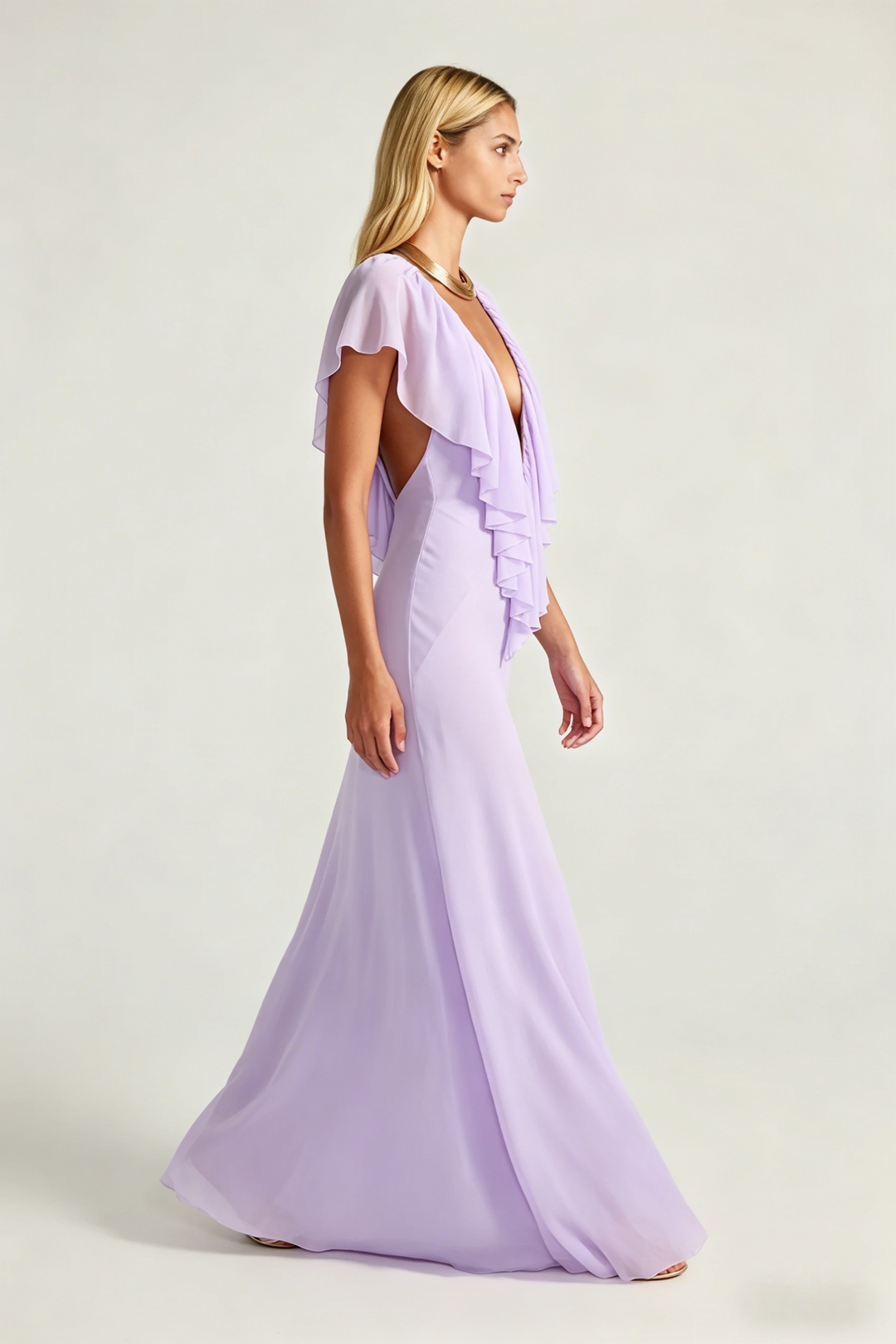 Deep V Backless Ruffle Chiffon Maxi Evening Gown | Lavender Halter Wedding Guest Dress