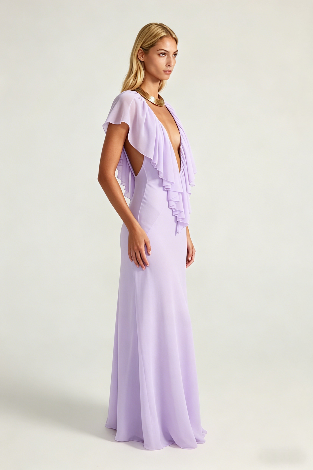 Deep V Backless Ruffle Chiffon Maxi Evening Gown | Lavender Halter Wedding Guest Dress