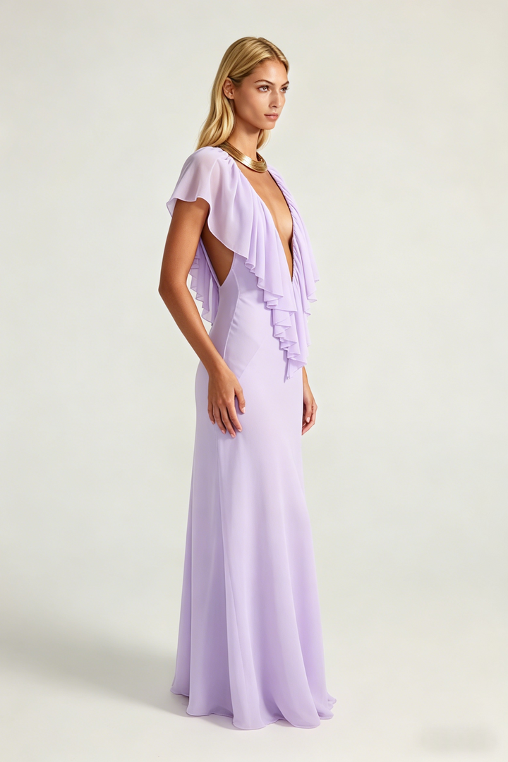 Deep V Backless Ruffle Chiffon Maxi Evening Gown | Lavender Halter Wedding Guest Dress