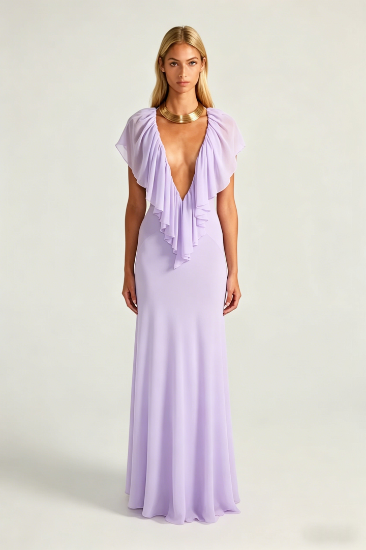 Deep V Backless Ruffle Chiffon Maxi Evening Gown | Lavender Halter Wedding Guest Dress