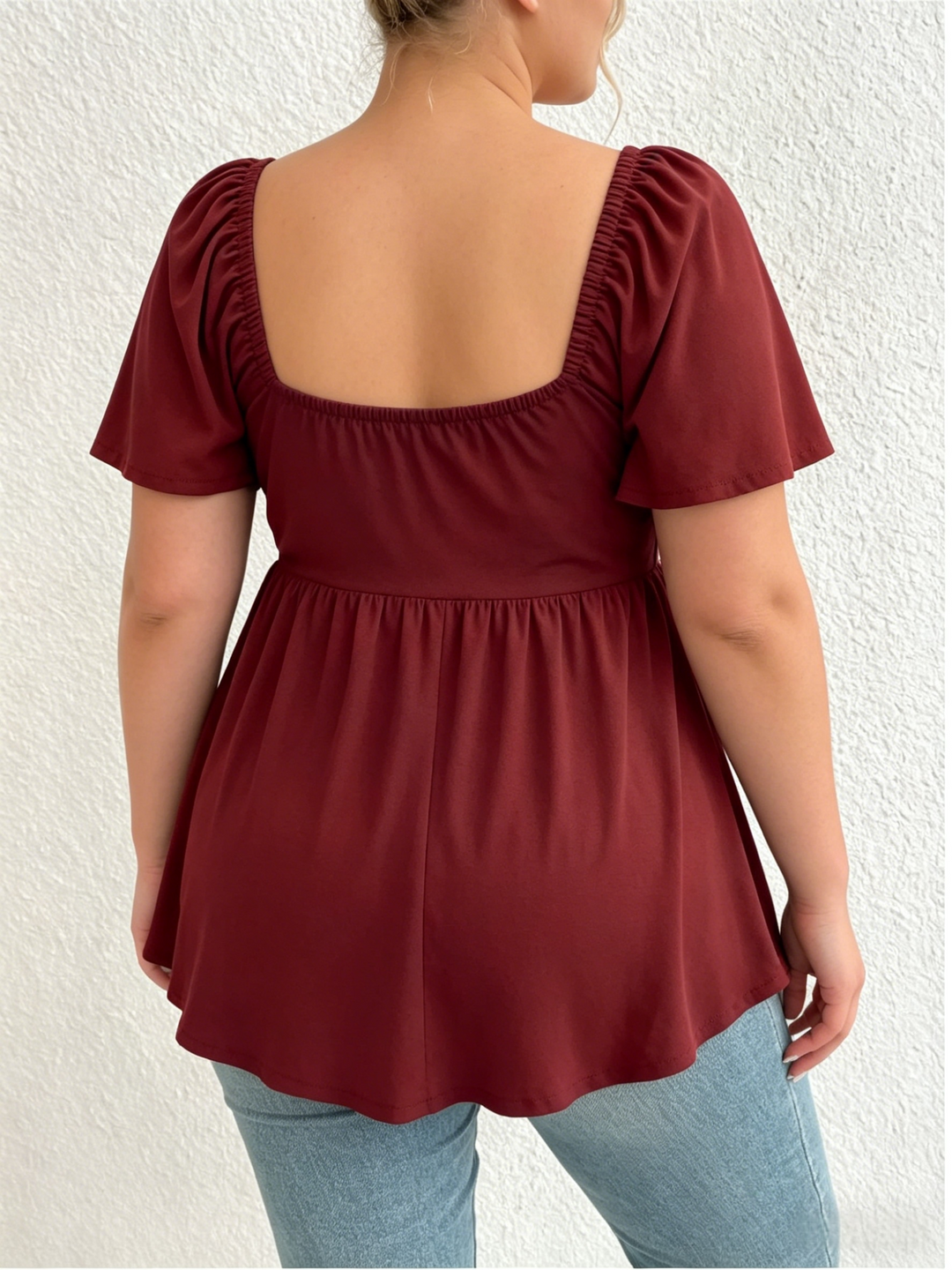 Plus Size Square Neck Tie Front Peplum Top | Wine Red Puff Sleeve Blouse
