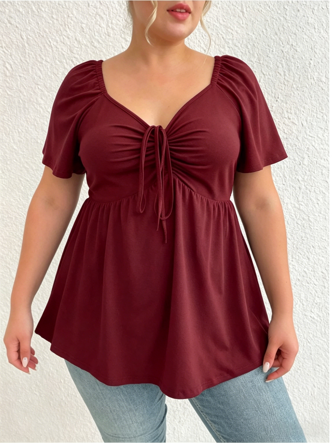 Plus Size Square Neck Tie Front Peplum Top | Wine Red Puff Sleeve Blouse