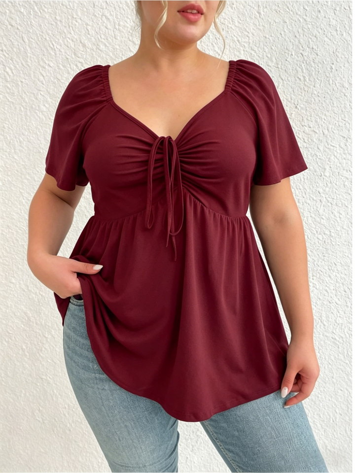 Plus Size Square Neck Tie Front Peplum Top | Wine Red Puff Sleeve Blouse