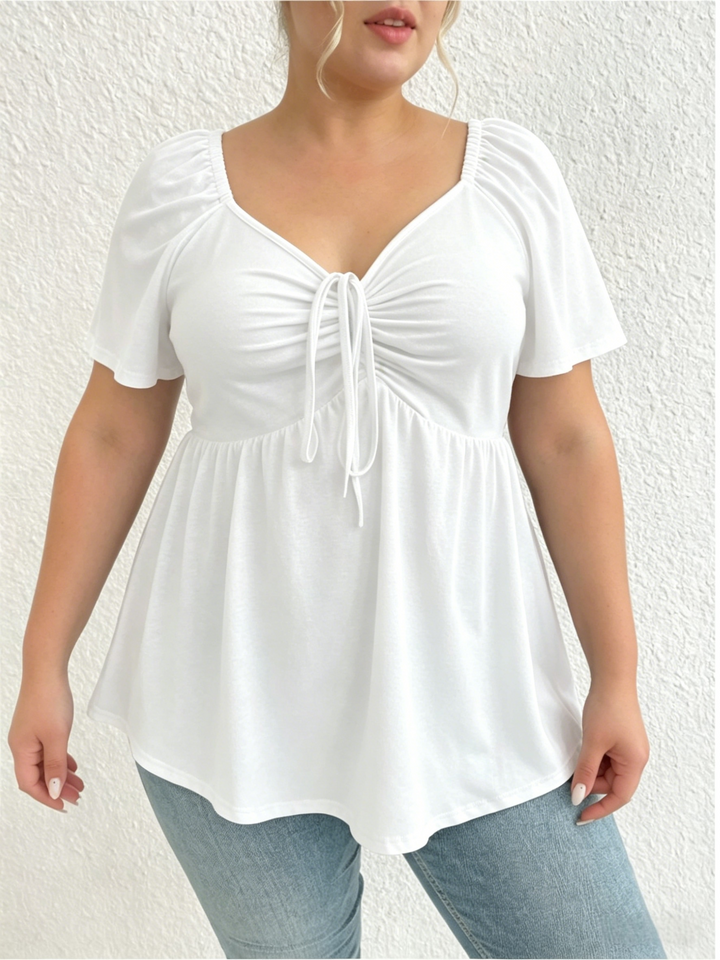 Plus Size Square Neck Tie Front Peplum Top | Wine Red Puff Sleeve Blouse