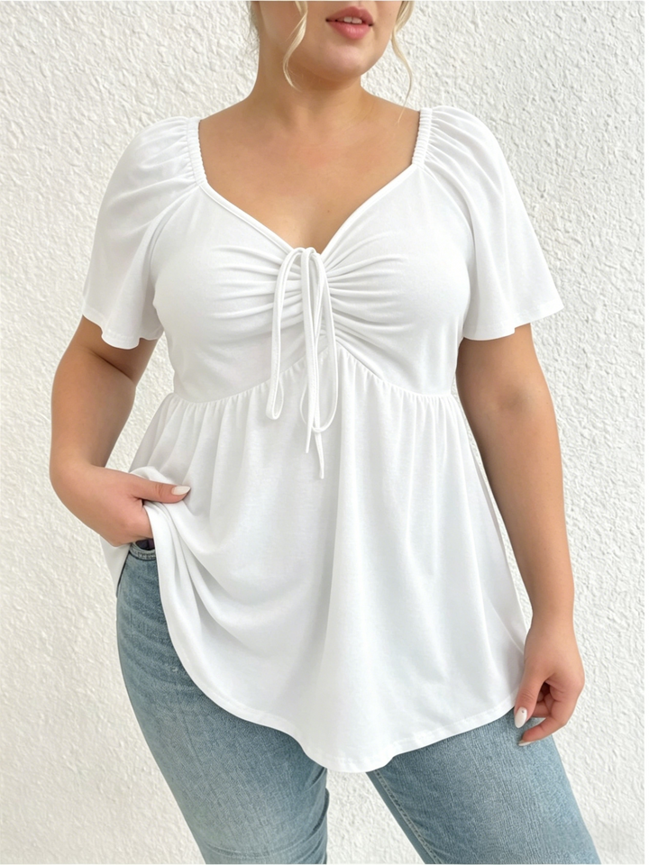 Plus Size Square Neck Tie Front Peplum Top | Wine Red Puff Sleeve Blouse