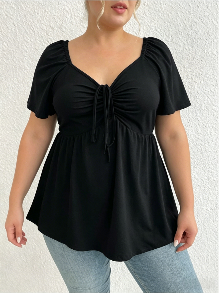 Plus Size Square Neck Tie Front Peplum Top | Wine Red Puff Sleeve Blouse