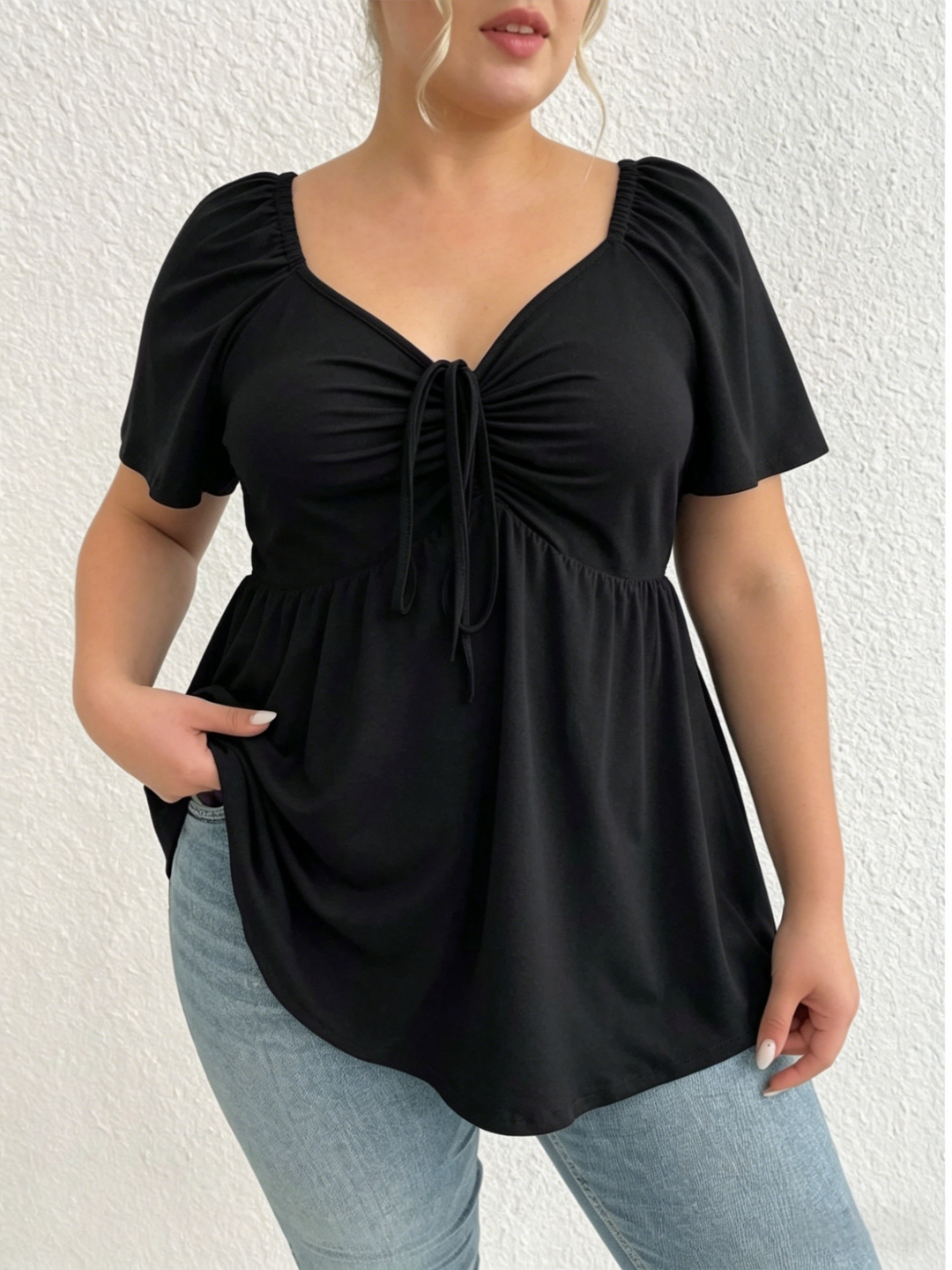 Plus Size Square Neck Tie Front Peplum Top | Wine Red Puff Sleeve Blouse