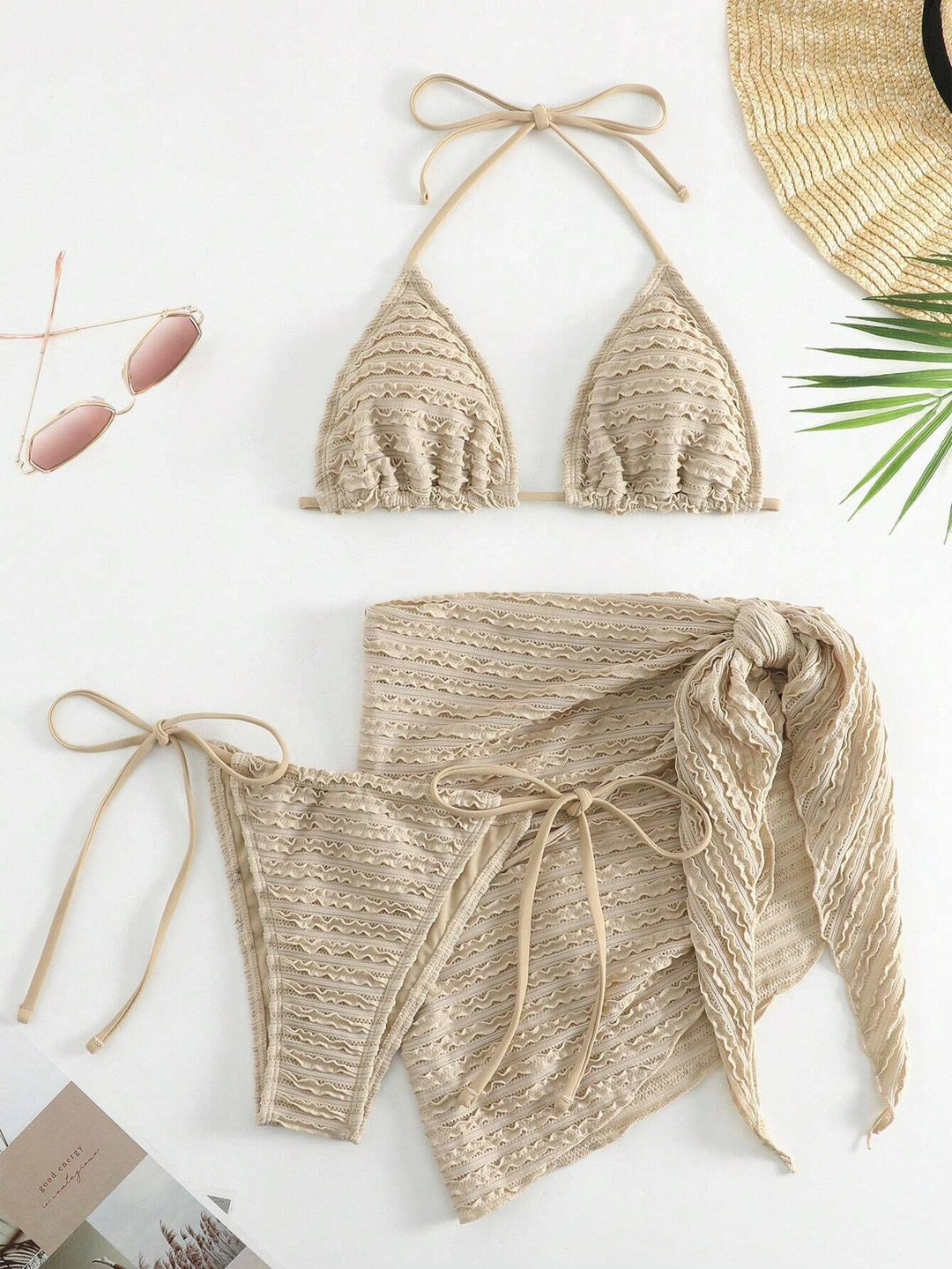 Textured Ruched Tie Triangle 3-Piece Bikini Set | Nude Beige Sarong Included