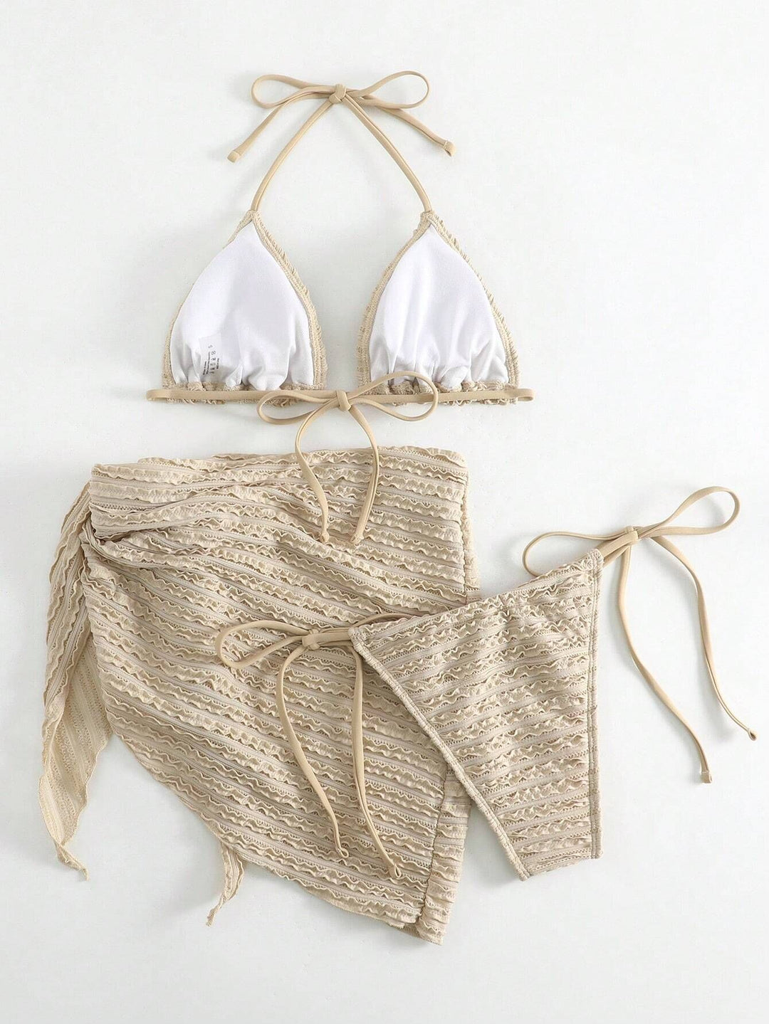 Textured Ruched Tie Triangle 3-Piece Bikini Set | Nude Beige Sarong Included