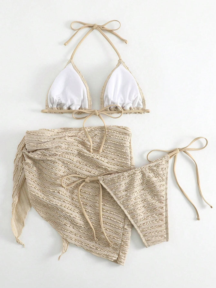Textured Ruched Tie Triangle 3-Piece Bikini Set | Nude Beige Sarong Included