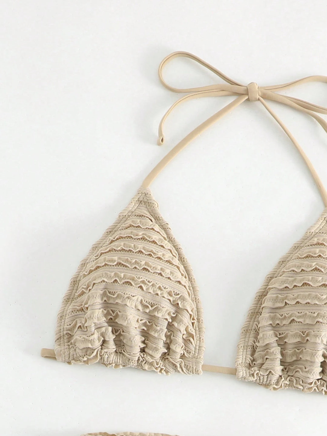 Textured Ruched Tie Triangle 3-Piece Bikini Set | Nude Beige Sarong Included