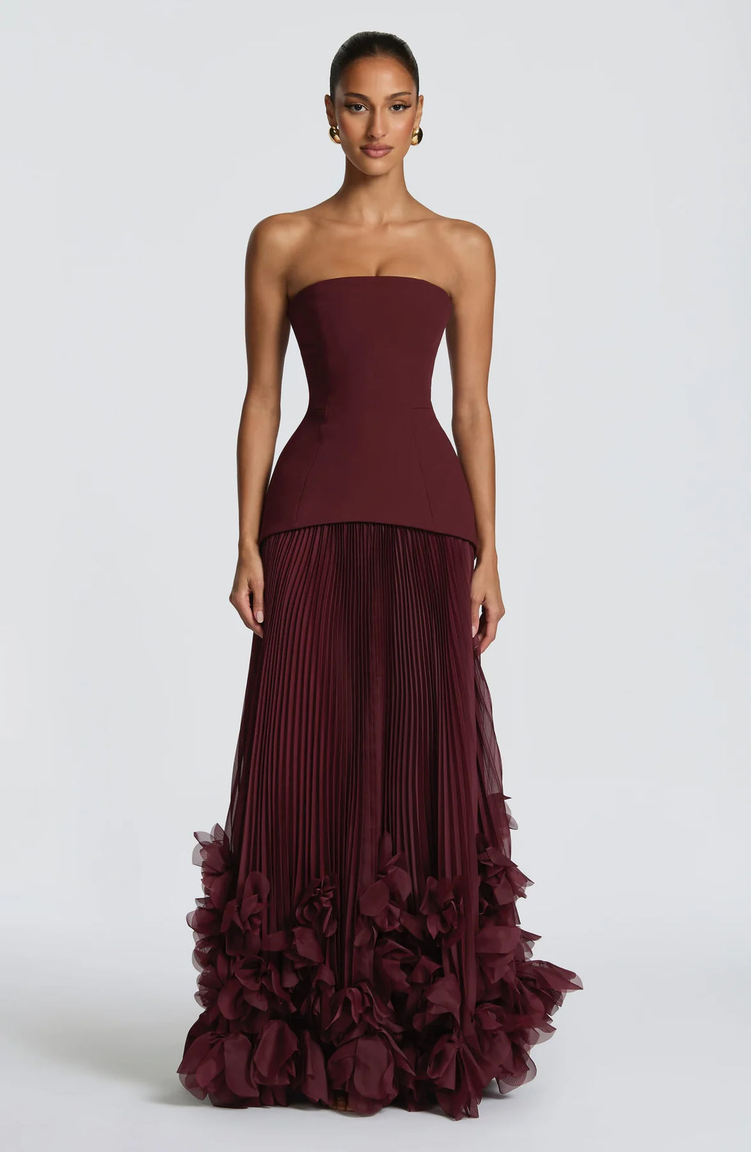 Burgundy Strapless Corset 3D Floral Pleated Maxi Gown | Red Carpet Evening Dress