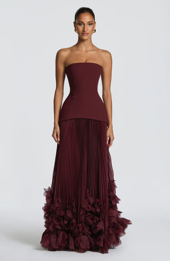Burgundy Strapless Corset 3D Floral Pleated Maxi Gown | Red Carpet Evening Dress