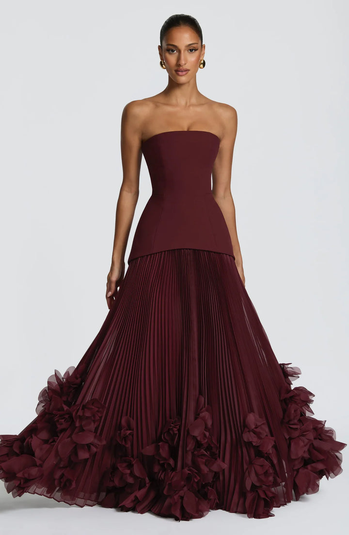 Burgundy Strapless Corset 3D Floral Pleated Maxi Gown | Red Carpet Evening Dress