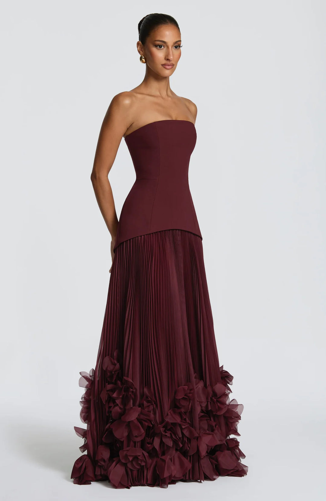 Burgundy Strapless Corset 3D Floral Pleated Maxi Gown | Red Carpet Evening Dress