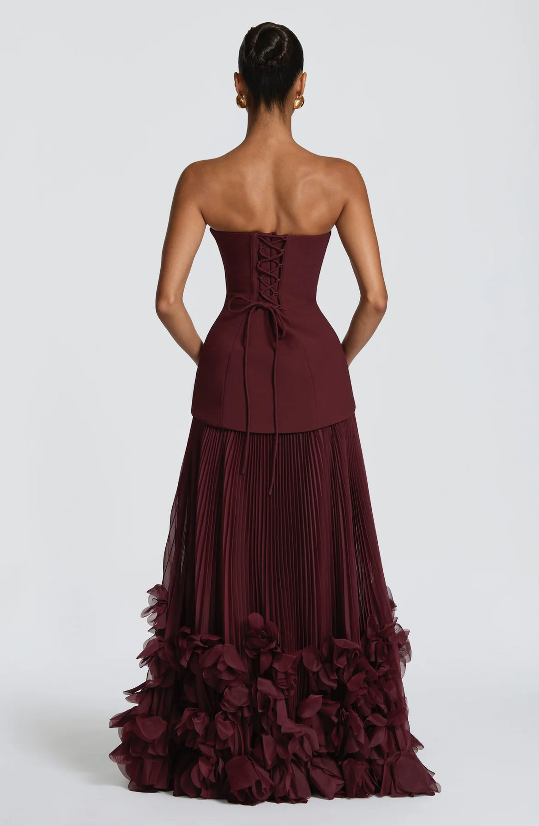 Burgundy Strapless Corset 3D Floral Pleated Maxi Gown | Red Carpet Evening Dress