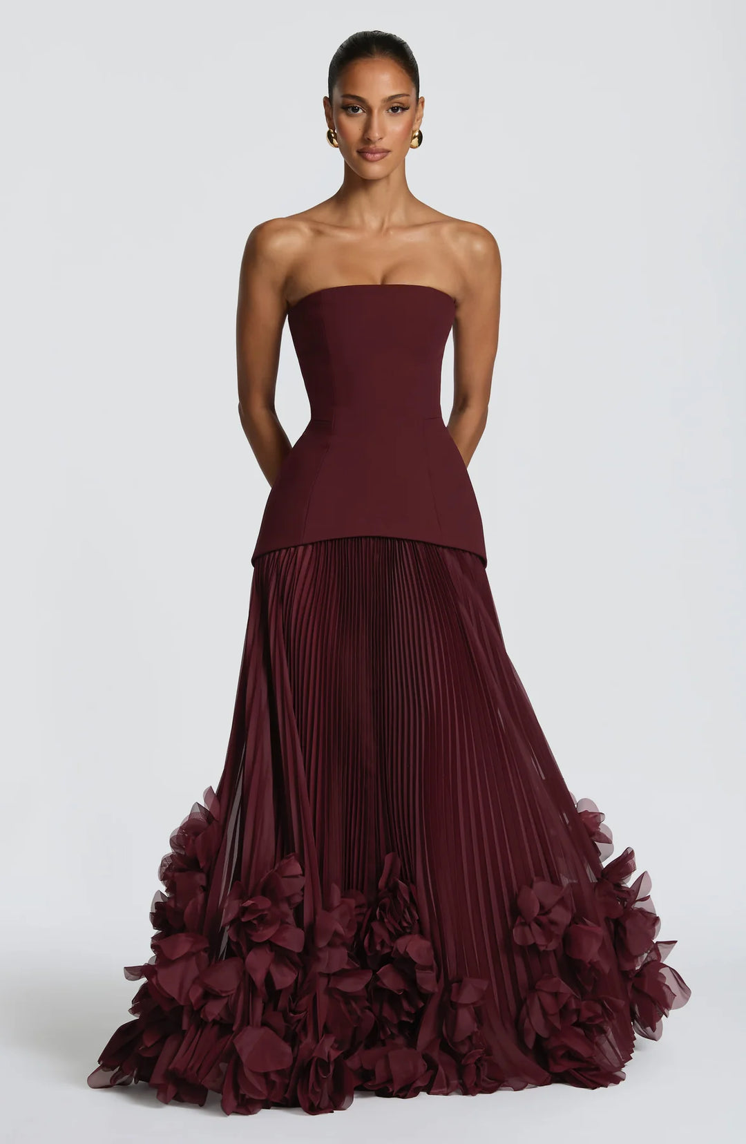 Burgundy Strapless Corset 3D Floral Pleated Maxi Gown | Red Carpet Evening Dress