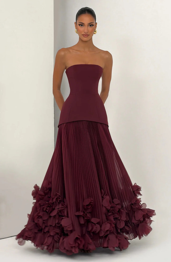 Burgundy Strapless Corset 3D Floral Pleated Maxi Gown | Red Carpet Evening Dress