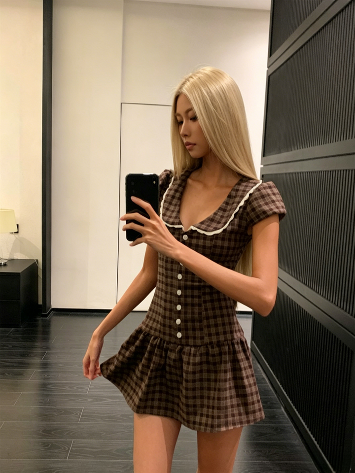 Gingham Peter Pan Collar Puff Sleeve Mini Dress | Retro Babydoll A-Line