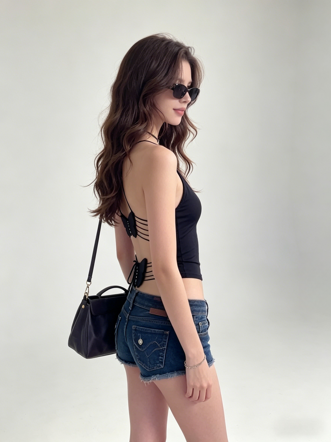 Black Butterfly Lace-Up Halter Deep V Crop Top | Y2K Open Back Cami