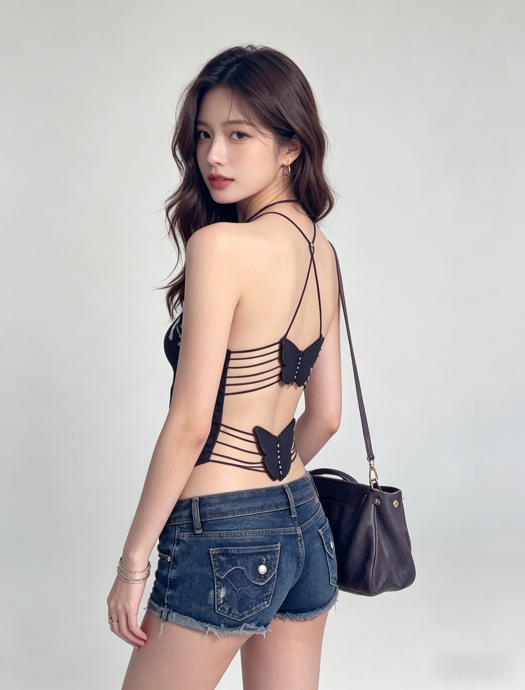 Black Butterfly Lace-Up Halter Deep V Crop Top | Y2K Open Back Cami
