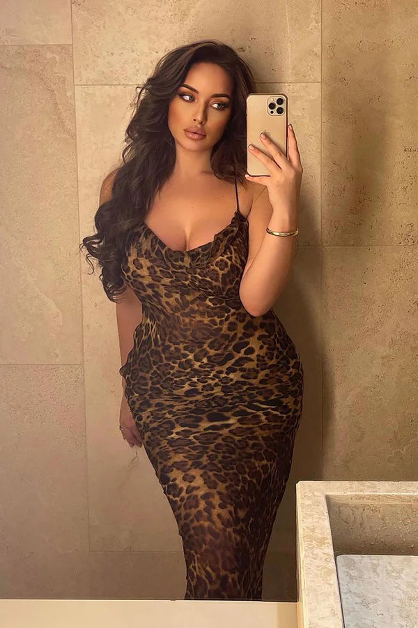 Leopard Print Crisscross Backless Mermaid Maxi Dress | Vintage Draped Evening Gown
