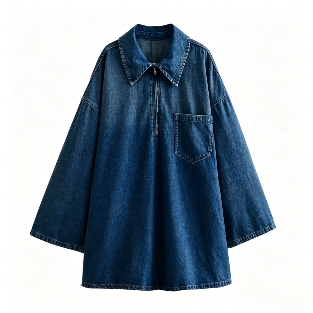 Washed Denim Mini Dress（S-3XL) Loose Fit V-Neck Casual Tunic
