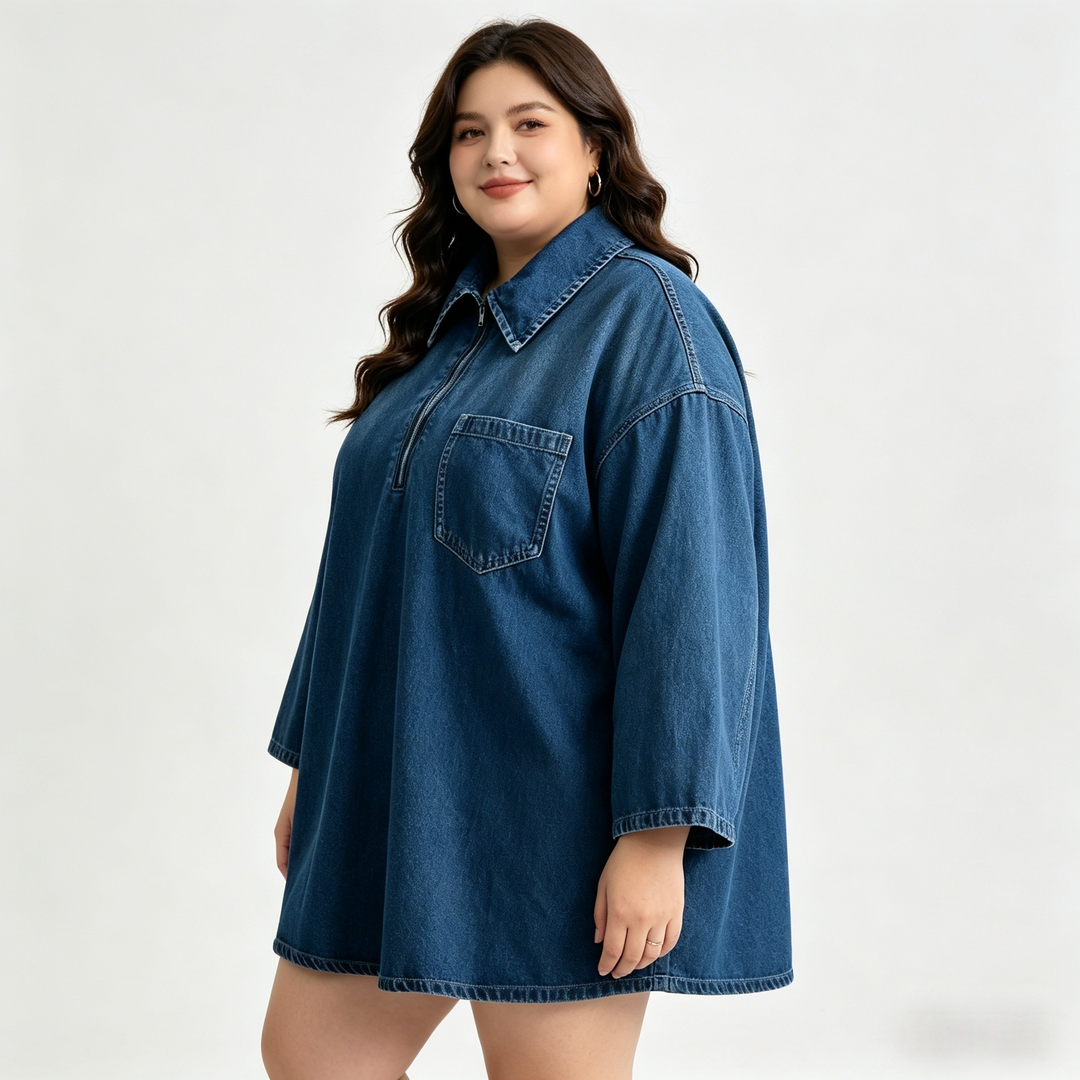 Washed Denim Mini Dress（S-3XL) Loose Fit V-Neck Casual Tunic