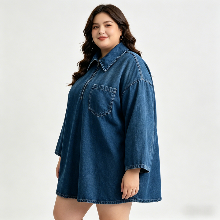 Washed Denim Mini Dress（S-3XL) Loose Fit V-Neck Casual Tunic