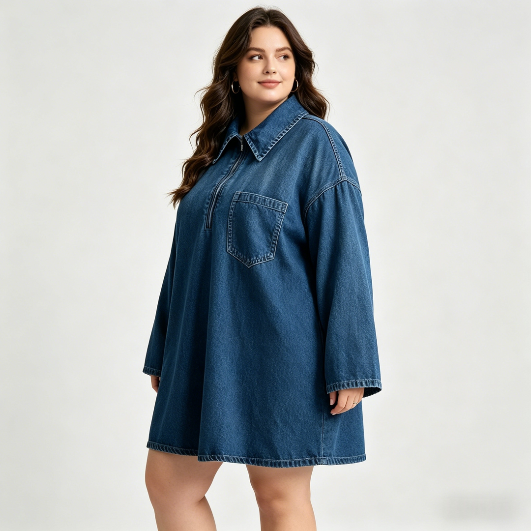 Washed Denim Mini Dress（S-3XL) Loose Fit V-Neck Casual Tunic