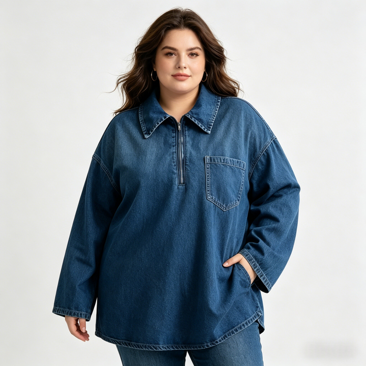 Washed Denim Mini Dress（S-3XL) Loose Fit V-Neck Casual Tunic