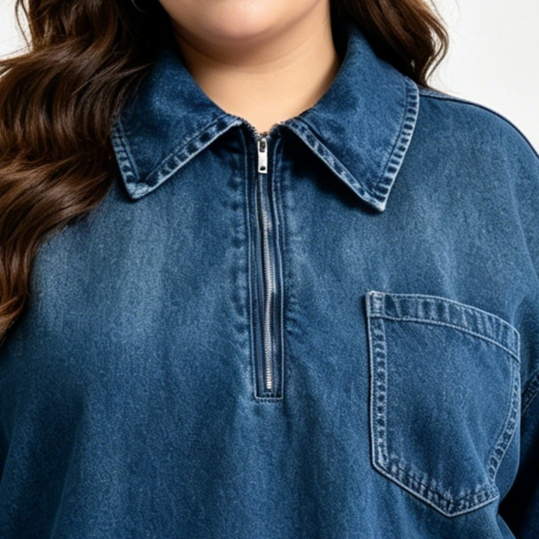 Washed Denim Mini Dress（S-3XL) Loose Fit V-Neck Casual Tunic