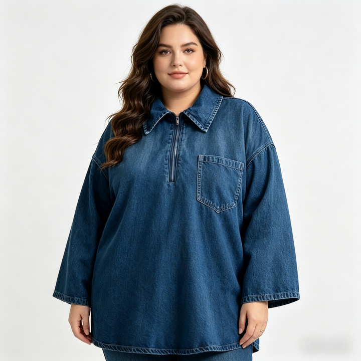 Washed Denim Mini Dress（S-3XL) Loose Fit V-Neck Casual Tunic