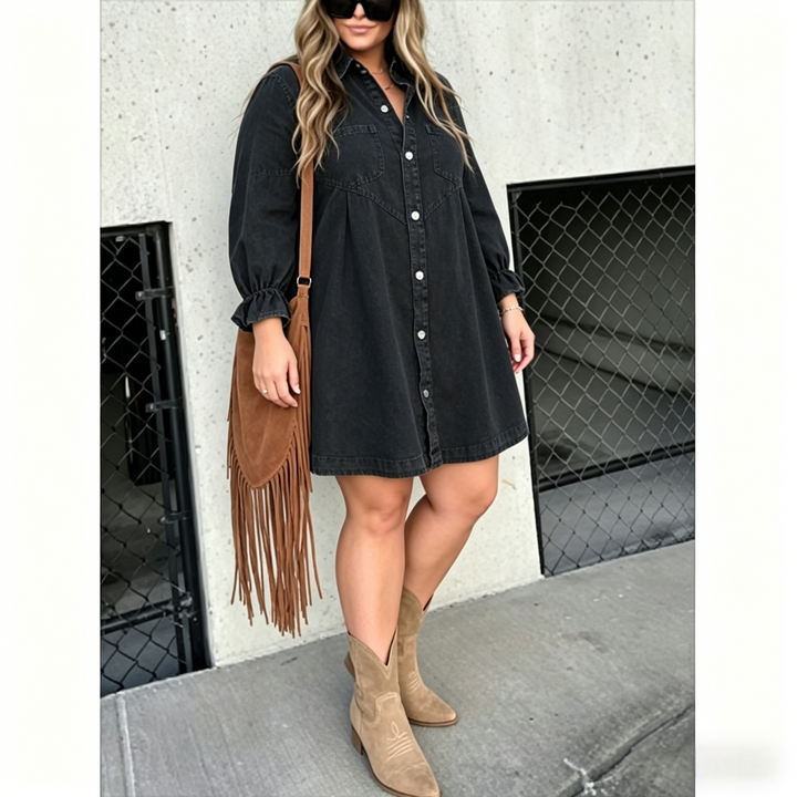 Plus Size Black Denim Mini Dress（S-3XL） – Loose Fit Button Down Casual Dress